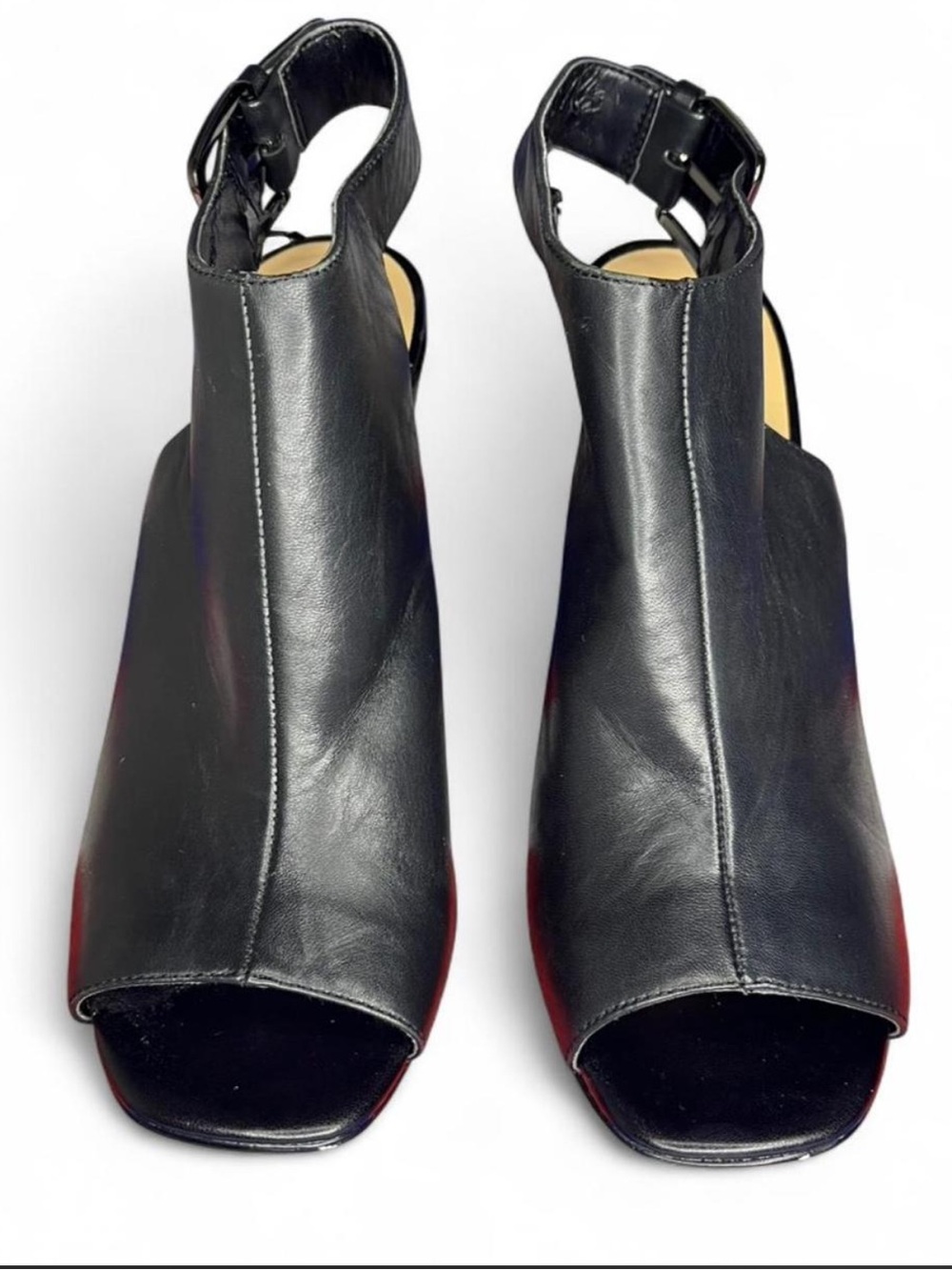 Saks Fifth Avenue black patent Leather Square peep toe sandal with chunky heel.